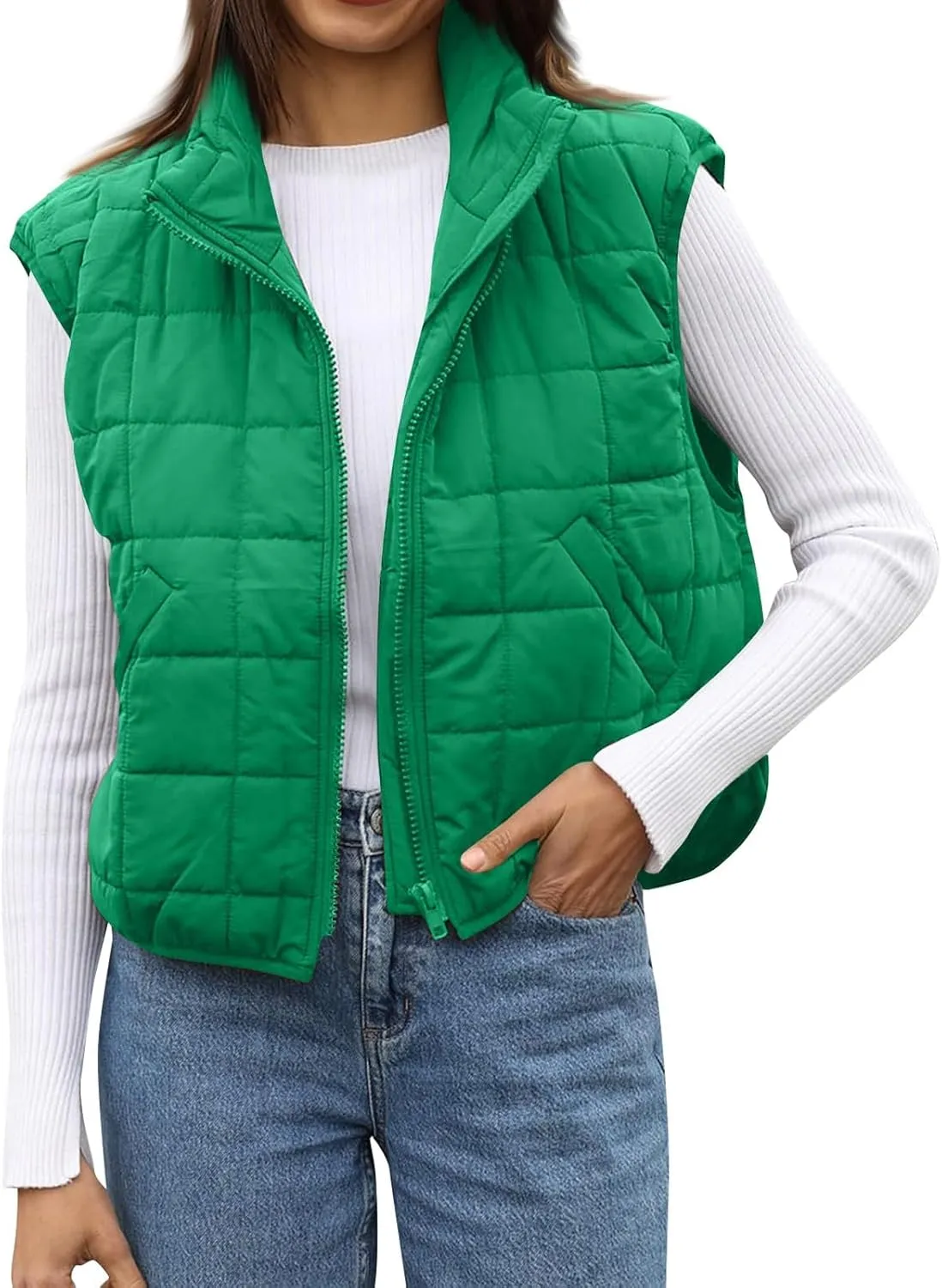 Puffer Vest Women Lightweight Zip Up Quilted Vest Sleeveless Stand Collar Waistcoat Vest with Pockets Fall Jackets