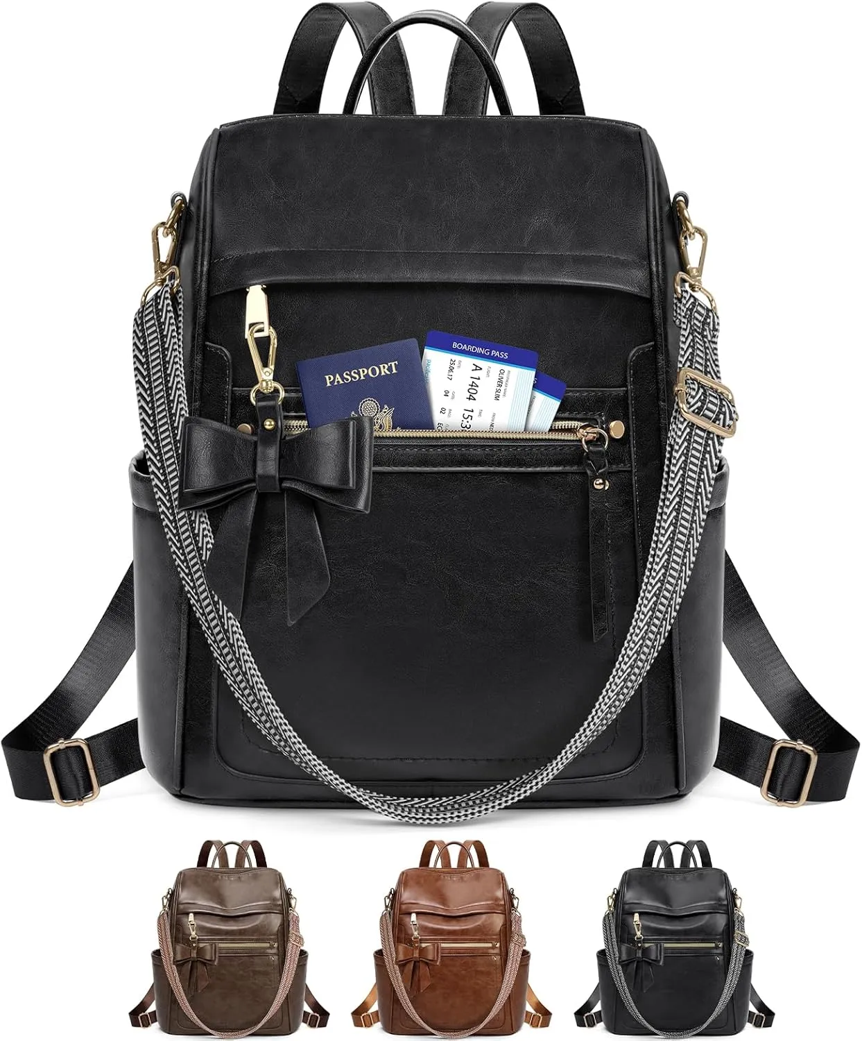 RAINSMORE Backpack Purse for Women, Waterproof Leather Backpack Purse Lightweight Travel Fashion Backpack Convertible Designer Ladies Shoulder Bag with Bow, Black