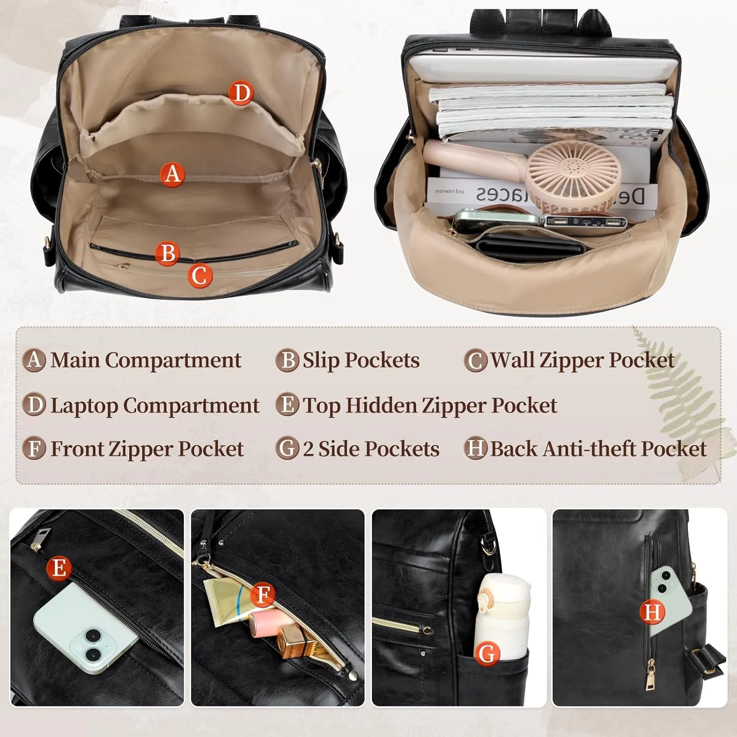 RAINSMORE Backpack Purse for Women, Waterproof Leather Backpack Purse Lightweight Travel Fashion Backpack Convertible Designer Ladies Shoulder Bag with Bow, Black