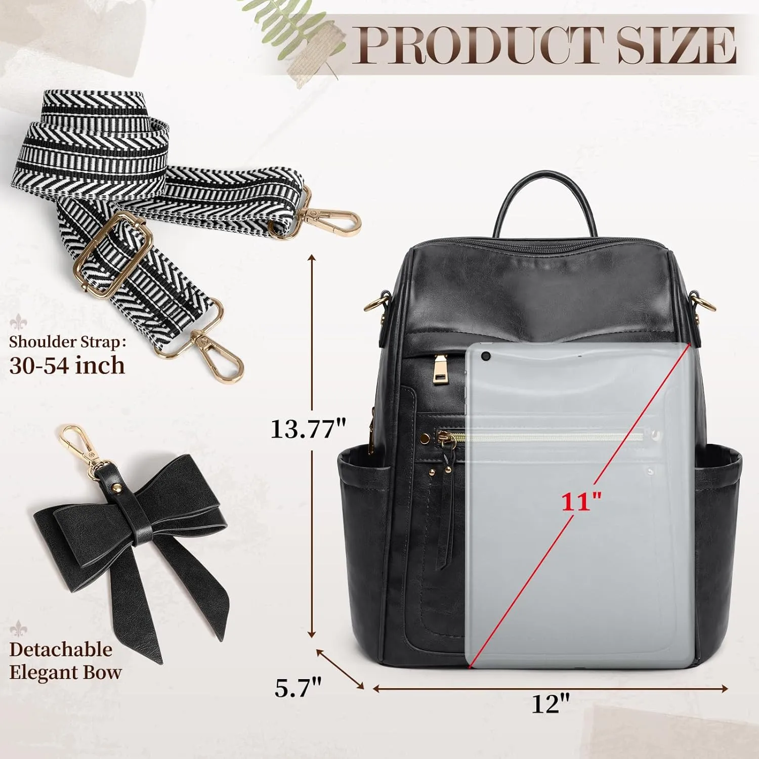 RAINSMORE Backpack Purse for Women, Waterproof Leather Backpack Purse Lightweight Travel Fashion Backpack Convertible Designer Ladies Shoulder Bag with Bow, Black