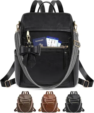 RAINSMORE Backpack Purse for Women, Waterproof Leather Backpack Purse Lightweight Travel Fashion Backpack Convertible Designer Ladies Shoulder Bag with Bow, Black