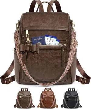 RAINSMORE Backpack Purse for Women, Waterproof Leather Backpack Purse Lightweight Travel Fashion Backpack Convertible Designer Ladies Shoulder Bag with Bow, Dark Brown
