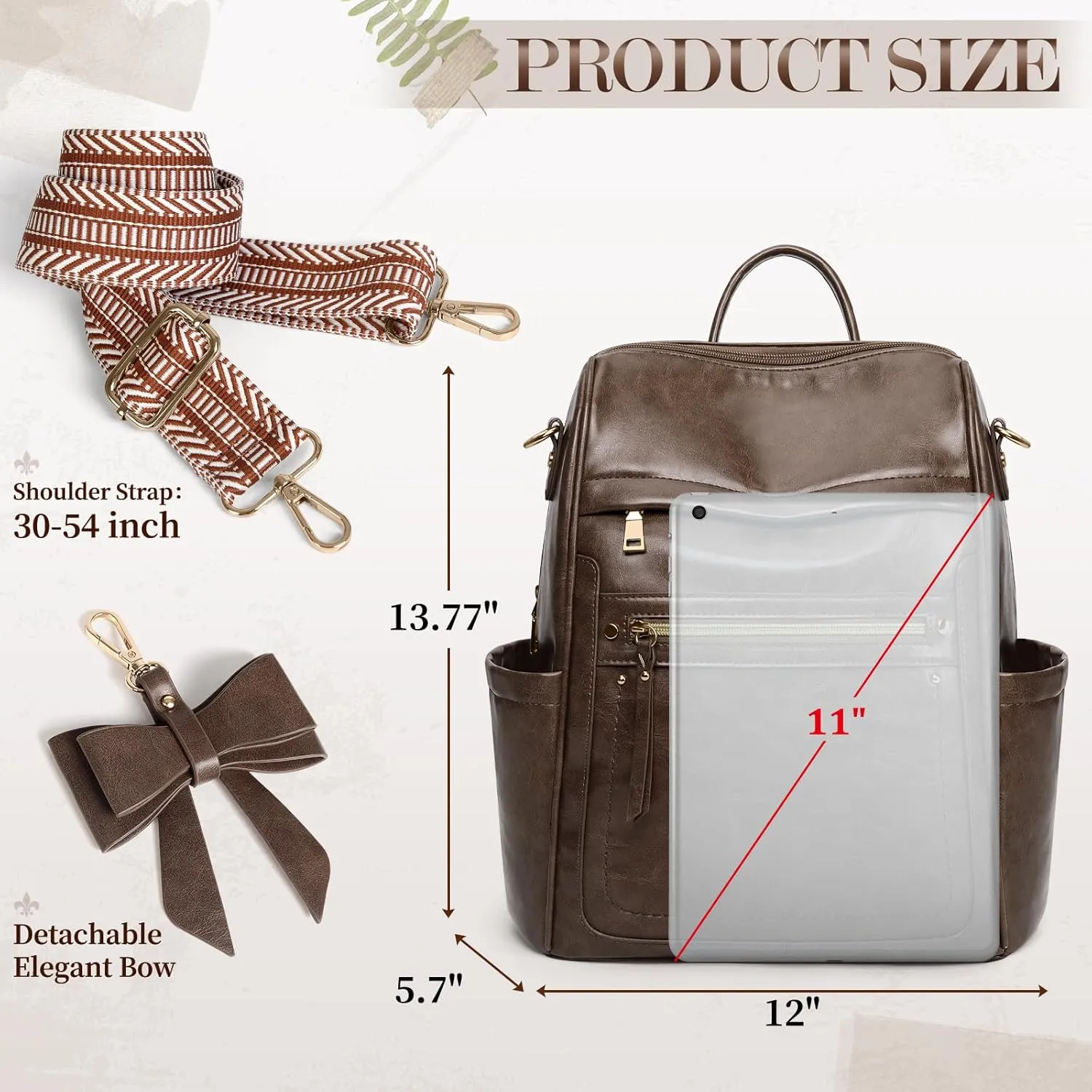RAINSMORE Backpack Purse for Women, Waterproof Leather Backpack Purse Lightweight Travel Fashion Backpack Convertible Designer Ladies Shoulder Bag with Bow, Dark Brown