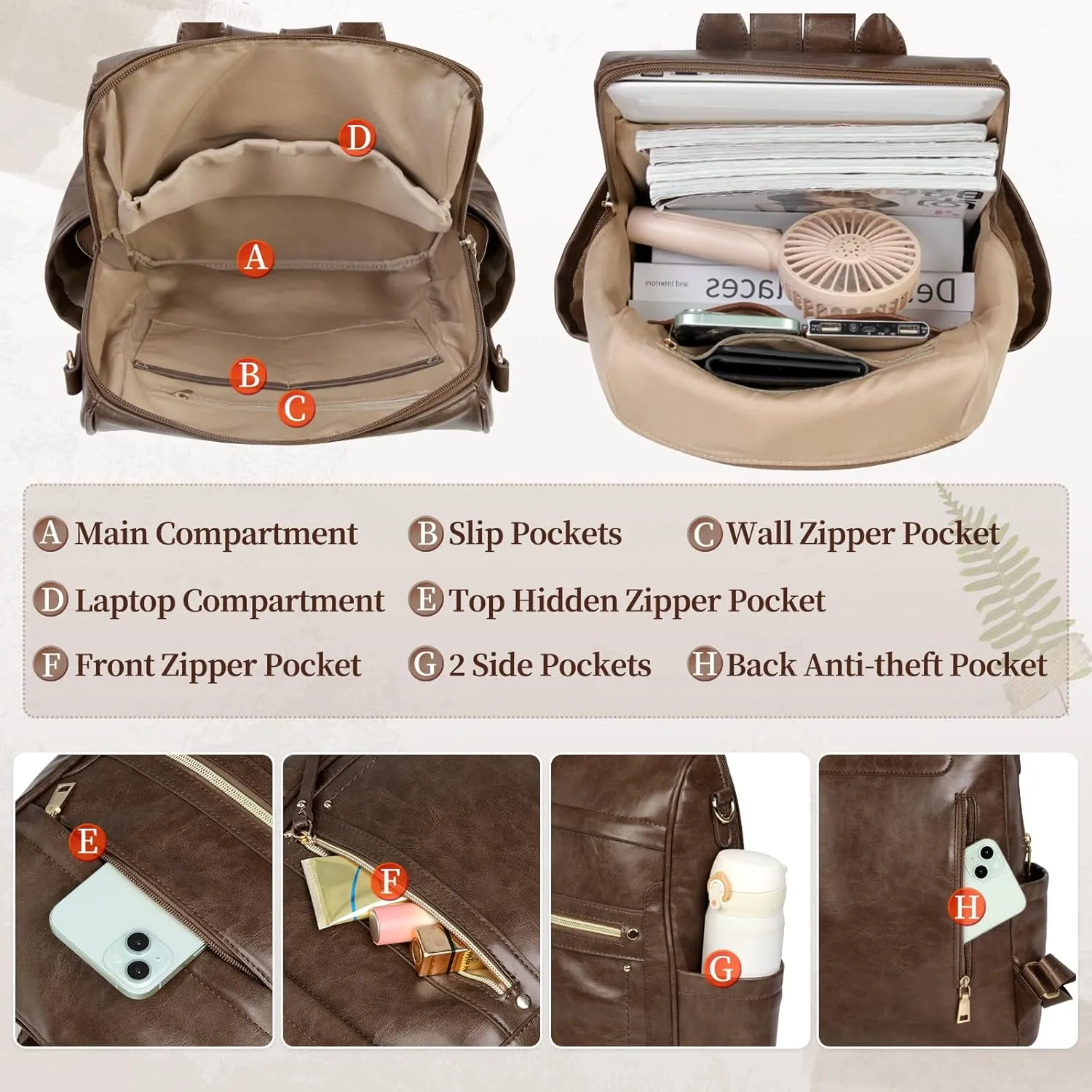 RAINSMORE Backpack Purse for Women, Waterproof Leather Backpack Purse Lightweight Travel Fashion Backpack Convertible Designer Ladies Shoulder Bag with Bow, Dark Brown