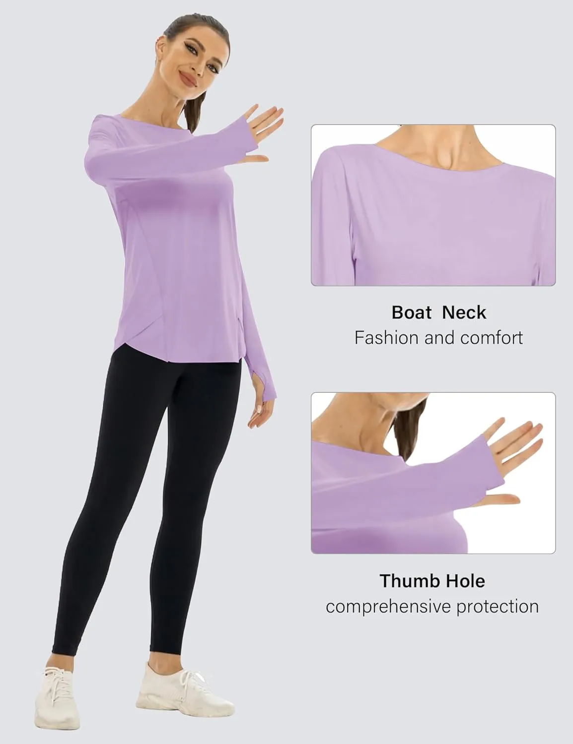Rapbin Women's UPF 50  Sun Protection T-Shirts Long Sleeve Boat Neck Workout Lightweight Quick Dry Top with Thumb Hole