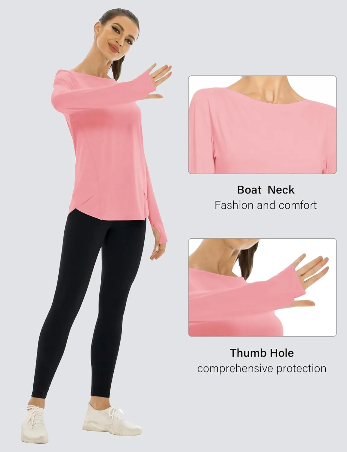 Rapbin Women's UPF 50  Sun Protection T-Shirts Long Sleeve Boat Neck Workout Lightweight Quick Dry Top with Thumb Hole