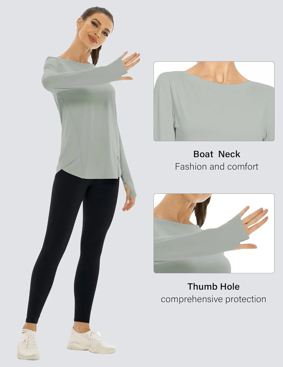 Rapbin Women's UPF 50  Sun Protection T-Shirts Long Sleeve Boat Neck Workout Lightweight Quick Dry Top with Thumb Hole