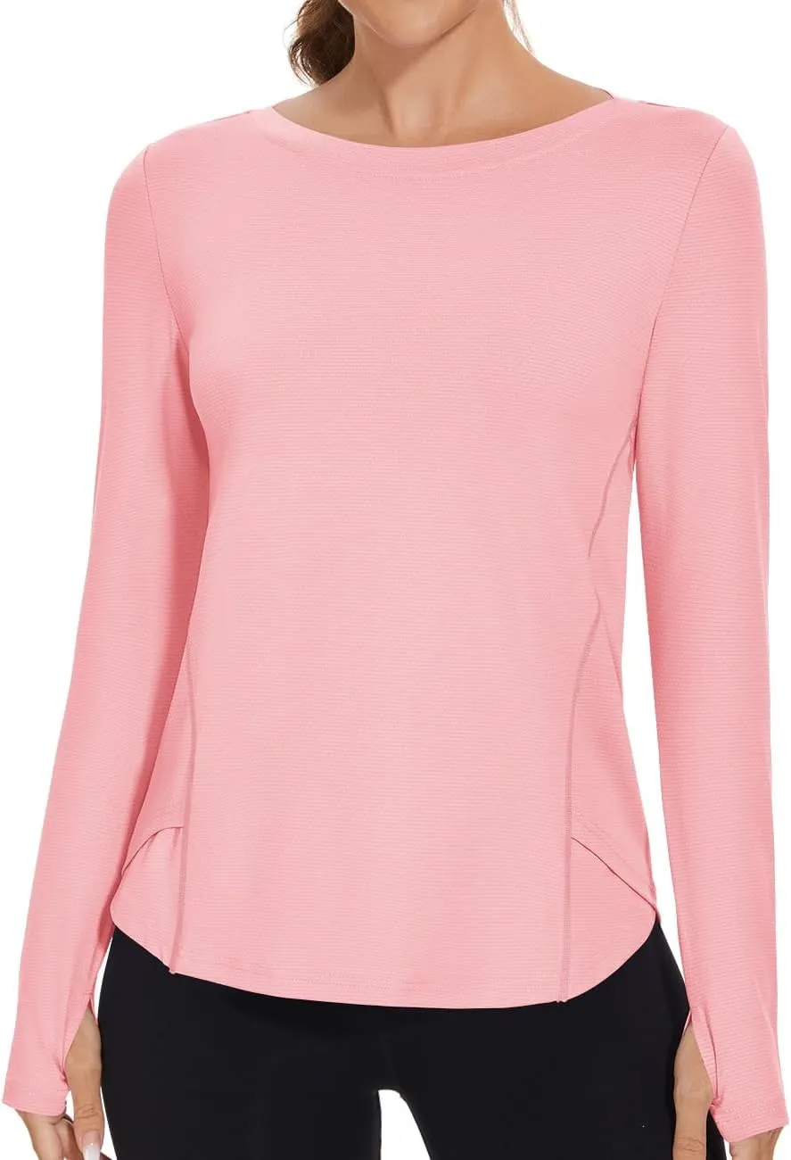 Rapbin Women's UPF 50  Sun Protection T-Shirts Long Sleeve Boat Neck Workout Lightweight Quick Dry Top with Thumb Hole