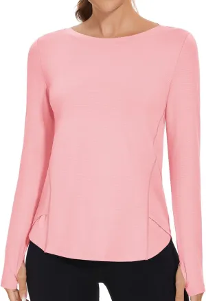 Rapbin Women's UPF 50  Sun Protection T-Shirts Long Sleeve Boat Neck Workout Lightweight Quick Dry Top with Thumb Hole