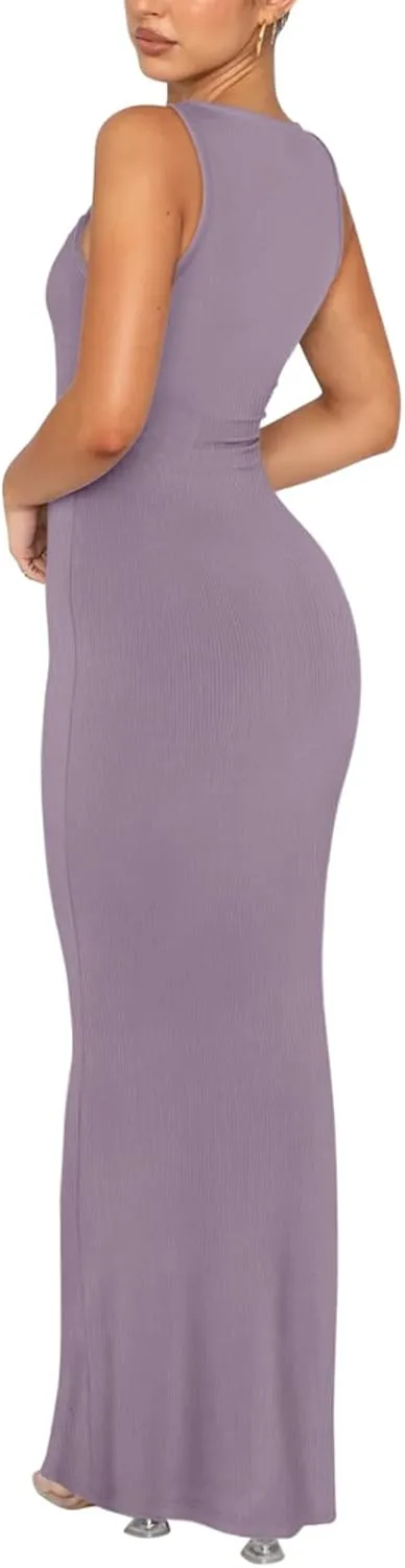 REORIA Women's Basic Summer Sexy Lounge Tank Long Dress Elegant Sleeveless Halter Neck Bodycon Maxi Dresses