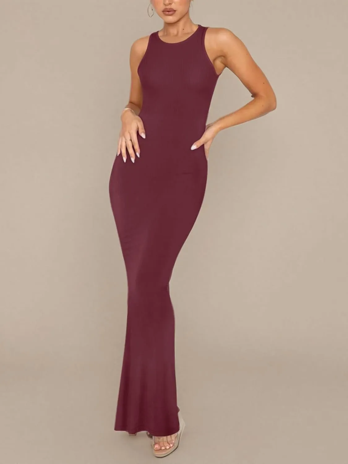 REORIA Women's Basic Summer Sexy Lounge Tank Long Dress Elegant Sleeveless Halter Neck Bodycon Maxi Dresses