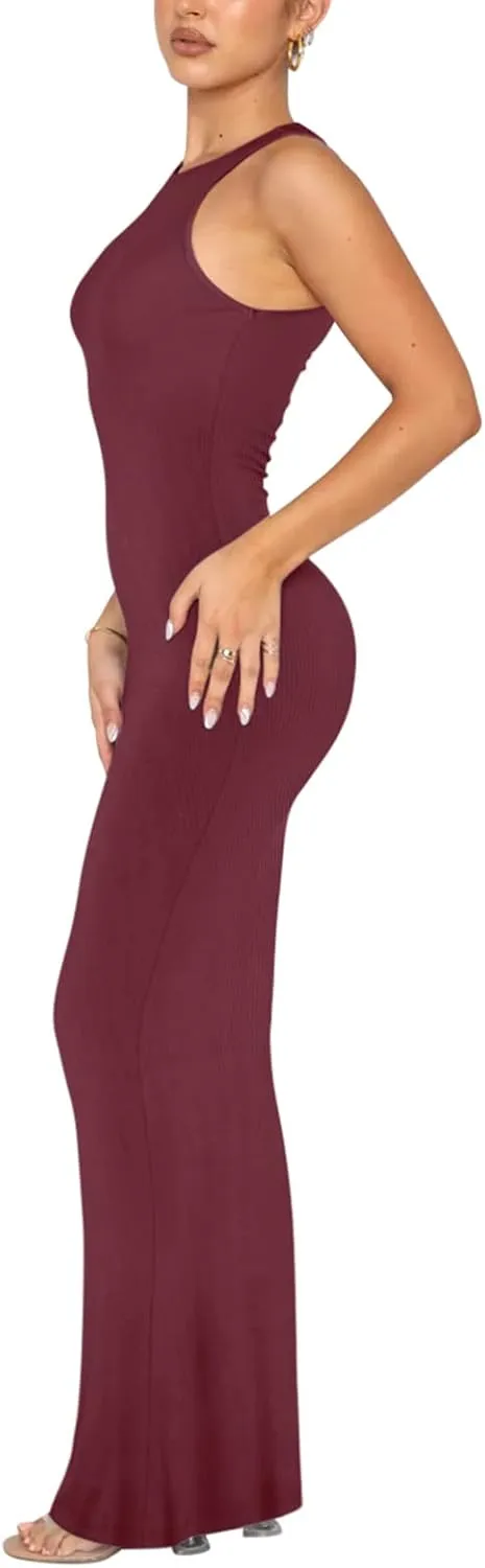 REORIA Women's Basic Summer Sexy Lounge Tank Long Dress Elegant Sleeveless Halter Neck Bodycon Maxi Dresses