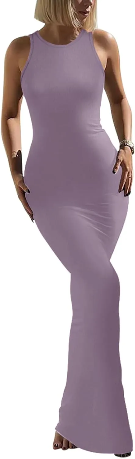 REORIA Women's Basic Summer Sexy Lounge Tank Long Dress Elegant Sleeveless Halter Neck Bodycon Maxi Dresses