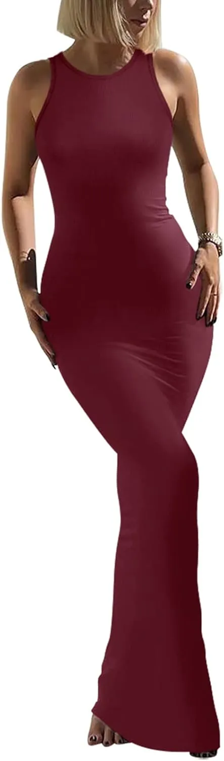 REORIA Women's Basic Summer Sexy Lounge Tank Long Dress Elegant Sleeveless Halter Neck Bodycon Maxi Dresses