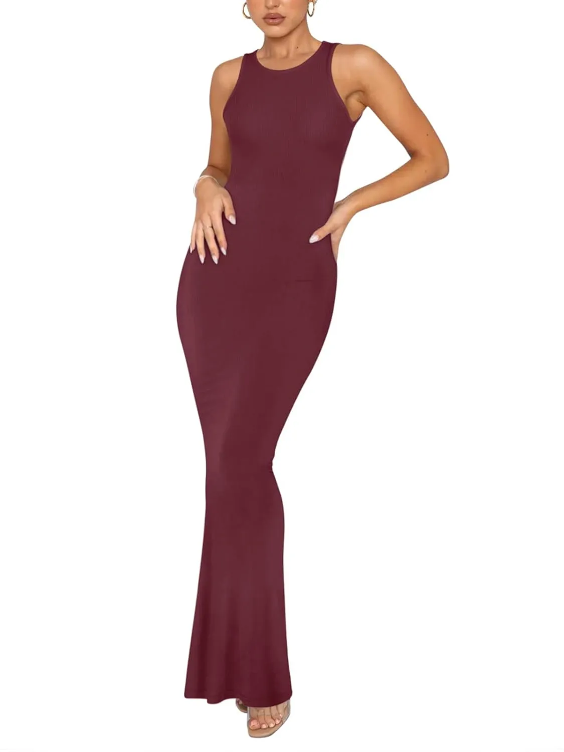 REORIA Women's Basic Summer Sexy Lounge Tank Long Dress Elegant Sleeveless Halter Neck Bodycon Maxi Dresses