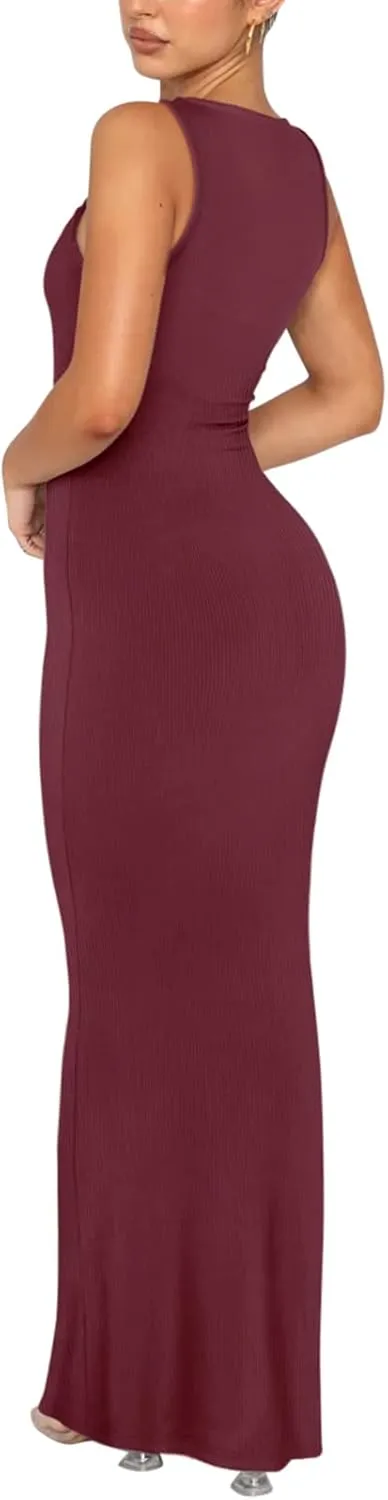 REORIA Women's Basic Summer Sexy Lounge Tank Long Dress Elegant Sleeveless Halter Neck Bodycon Maxi Dresses