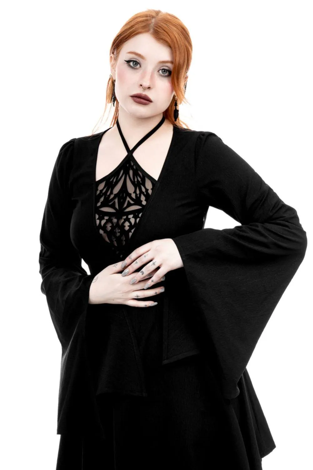 Restyle - Azael - Gothic Midi Dress with Flocked Mesh Panel