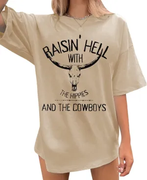 Retro Steer Skull Oversized T-Shirt Women Western Graphic Tees Cowgirl Country Shirts Vintage Loose Short Sleeve Tops