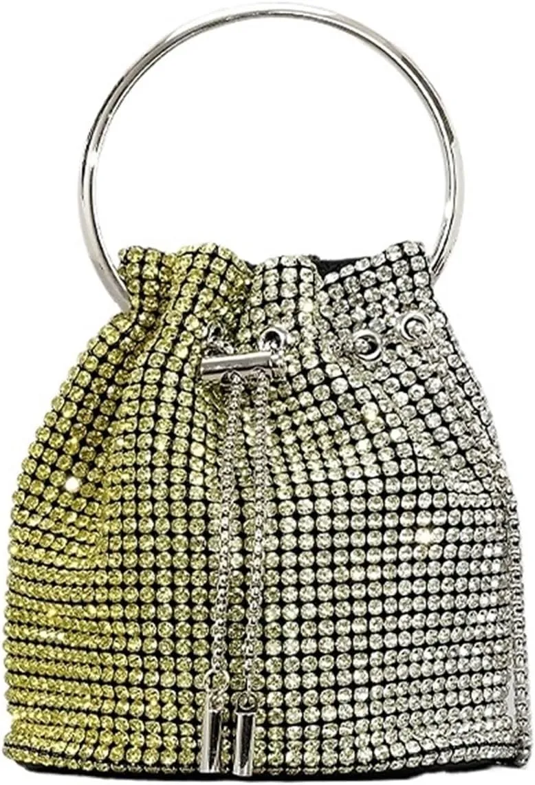 Rhinestone Bags Diamond Tassel Evening Clutch Bag Round Handle Crystal Bucket Bag Handbags Rhinestone Chain Wedding Party Bag(Yellow and Silver)