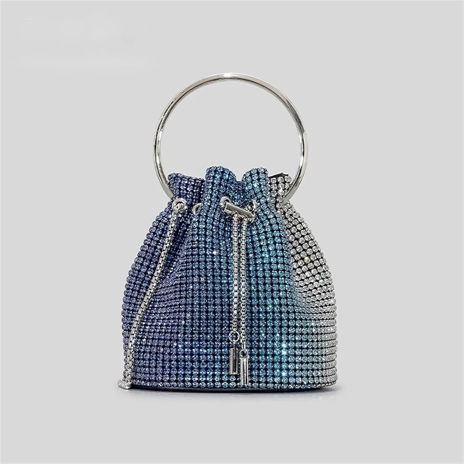 Rhinestone Bags Diamond Tassel Evening Clutch Bag Round Handle Crystal Bucket Bag Handbags Rhinestone Chain Wedding Party Bag(Yellow and Silver)
