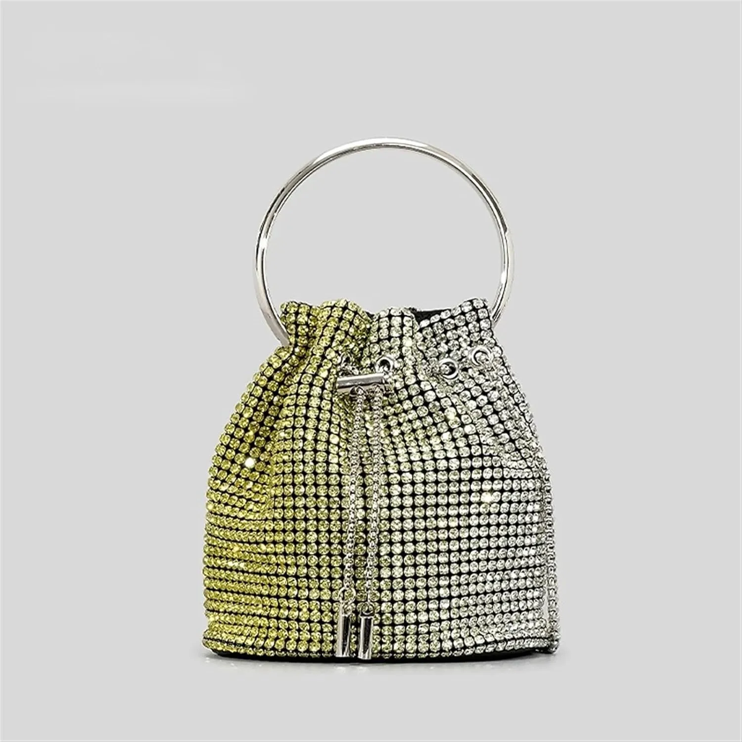 Rhinestone Bags Diamond Tassel Evening Clutch Bag Round Handle Crystal Bucket Bag Handbags Rhinestone Chain Wedding Party Bag(Yellow and Silver)
