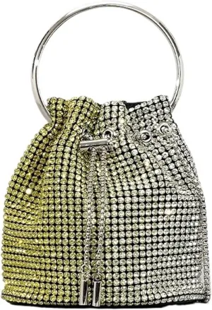 Rhinestone Bags Diamond Tassel Evening Clutch Bag Round Handle Crystal Bucket Bag Handbags Rhinestone Chain Wedding Party Bag(Yellow and Silver)