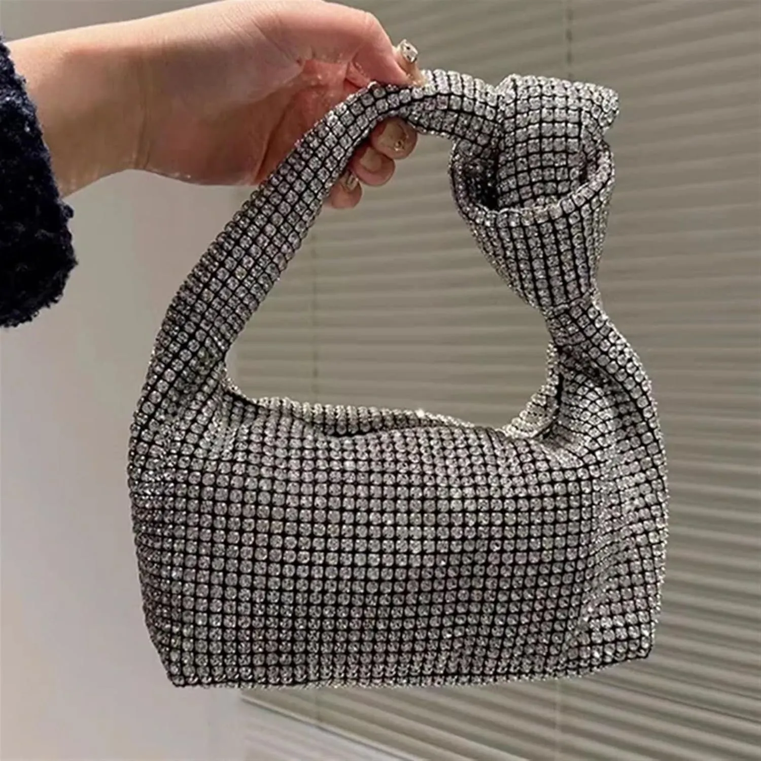 Rhinestone Bags Knot Handle Glitter Diamond Dinner Bag Rhinestone Bling Women Evening Bag Sparkle Crystal Wedding Top-Handle Bag(Black)