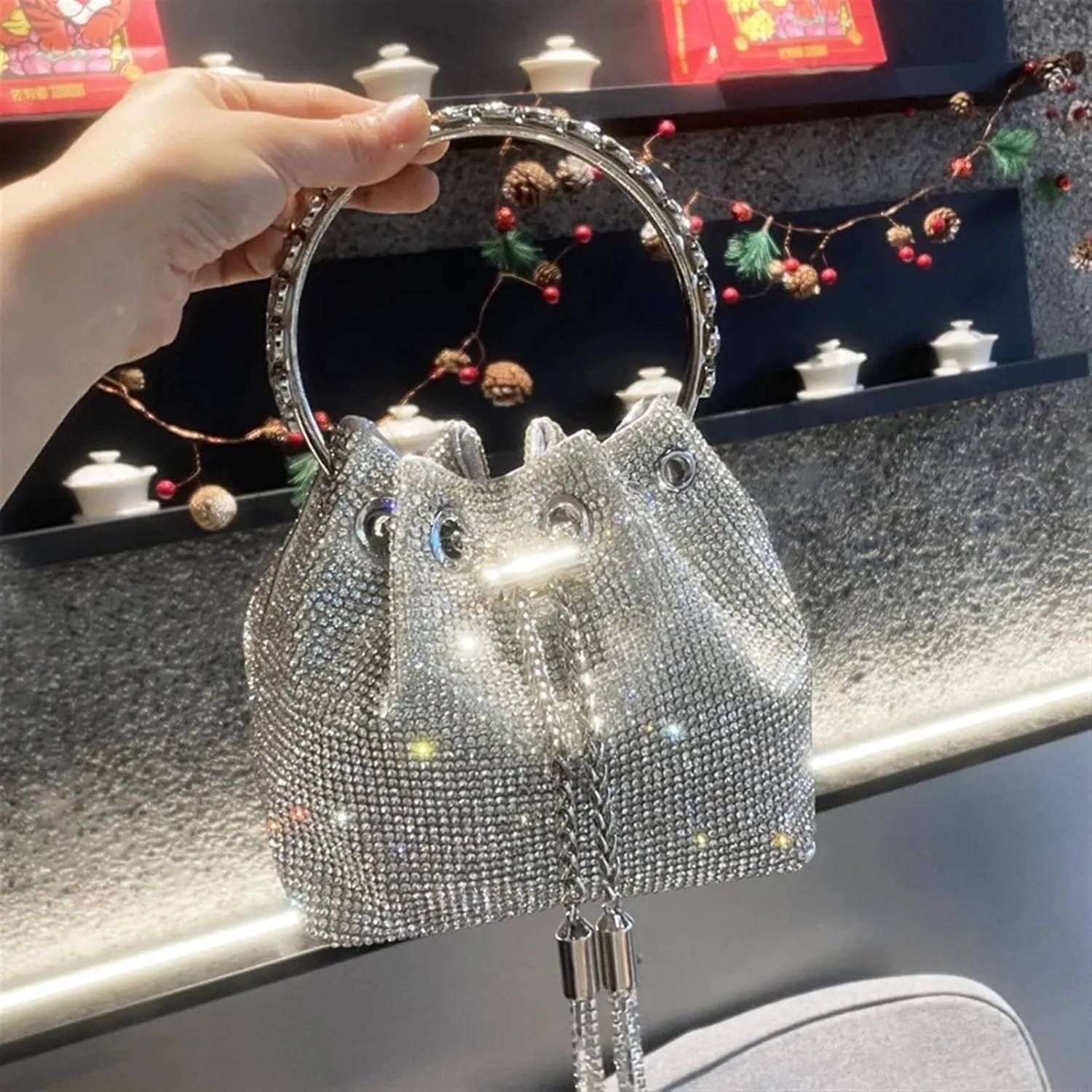 Rhinestone Bags Purses and Handbags Bags for Women Designer Bucket Clutch Purse Evening Banquet Bag Crystal Rhinestone Shoulder Bag(Gold Big 19cm)