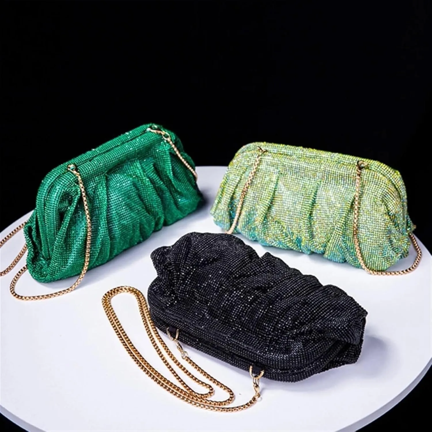 Rhinestone Bags Rhinestone Lady Purse Wedding Party Evening Bag for Women Banquet Cocktail Shoulder Bags Pleated Clutch Crossbody Bag(Green)