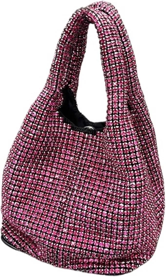 Rhinestone Bags Shiny Crystal Clutch Purse Bucket Shoulder Bag Rhinestone Handmade Purses and Handbags Luxury Designer Evening Clutch Bag Purse(Rose)