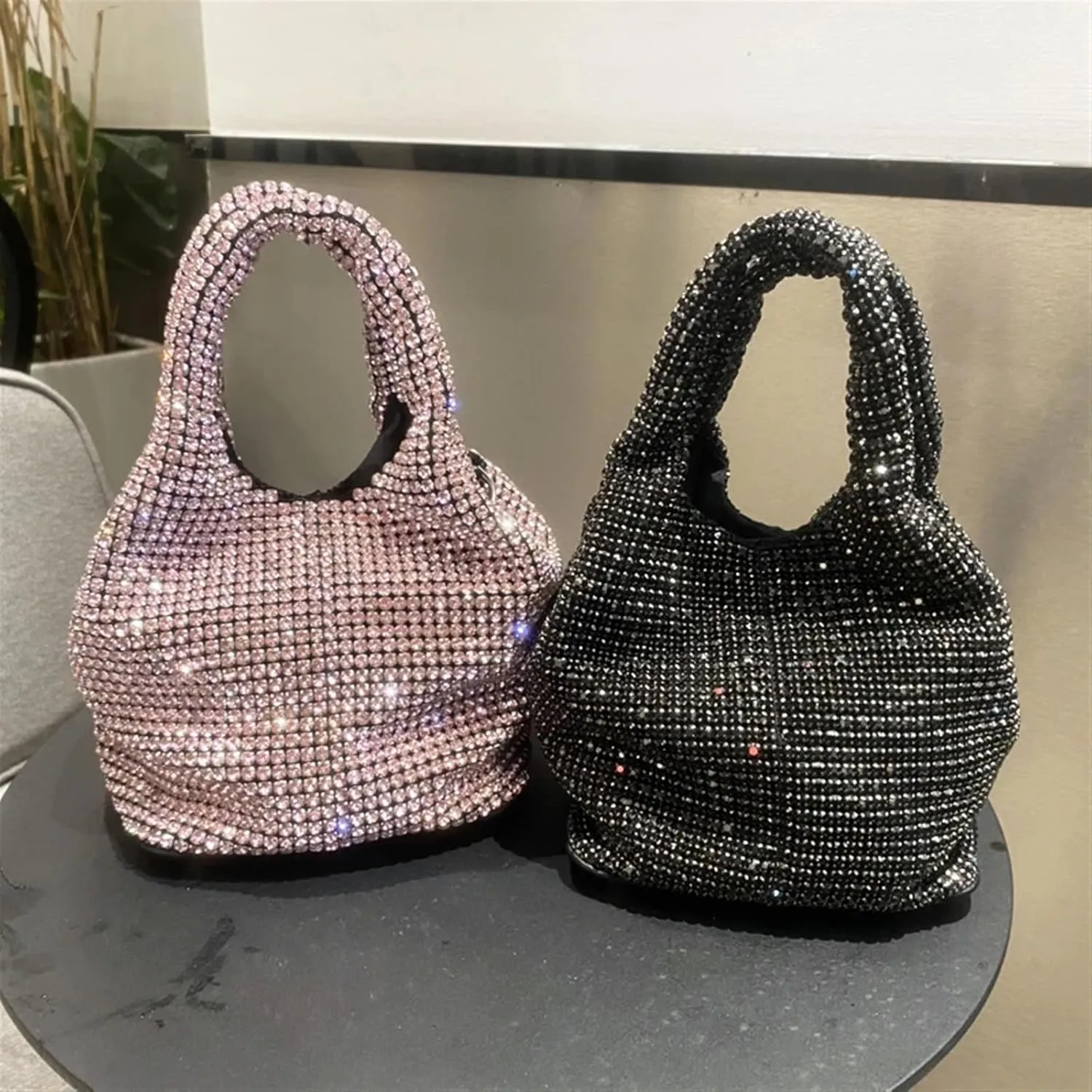 Rhinestone Bags Shiny Crystal Clutch Purse Bucket Shoulder Bag Rhinestone Handmade Purses and Handbags Luxury Designer Evening Clutch Bag Purse(Rose)
