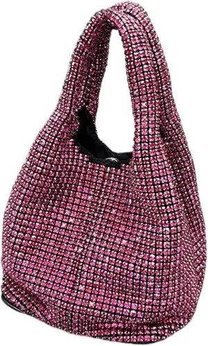 Rhinestone Bags Shiny Crystal Clutch Purse Bucket Shoulder Bag Rhinestone Handmade Purses and Handbags Luxury Designer Evening Clutch Bag Purse(Rose)