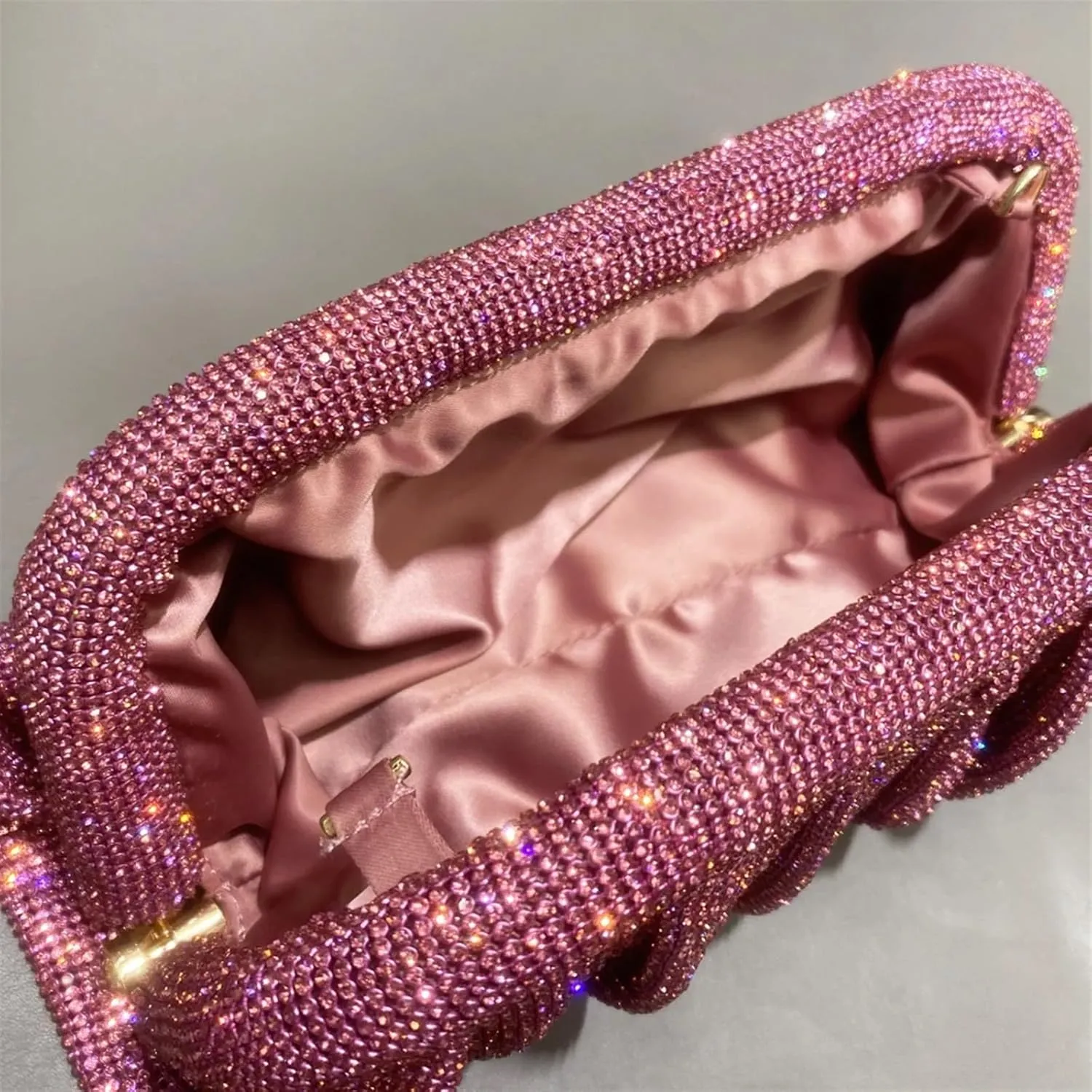 Rhinestone Bags Shiny Handle Rhinestones Handmade Evening Clutch Bags Folds Purses and Handbags Wedding Party(Pink)