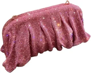 Rhinestone Bags Shiny Handle Rhinestones Handmade Evening Clutch Bags Folds Purses and Handbags Wedding Party(Pink)