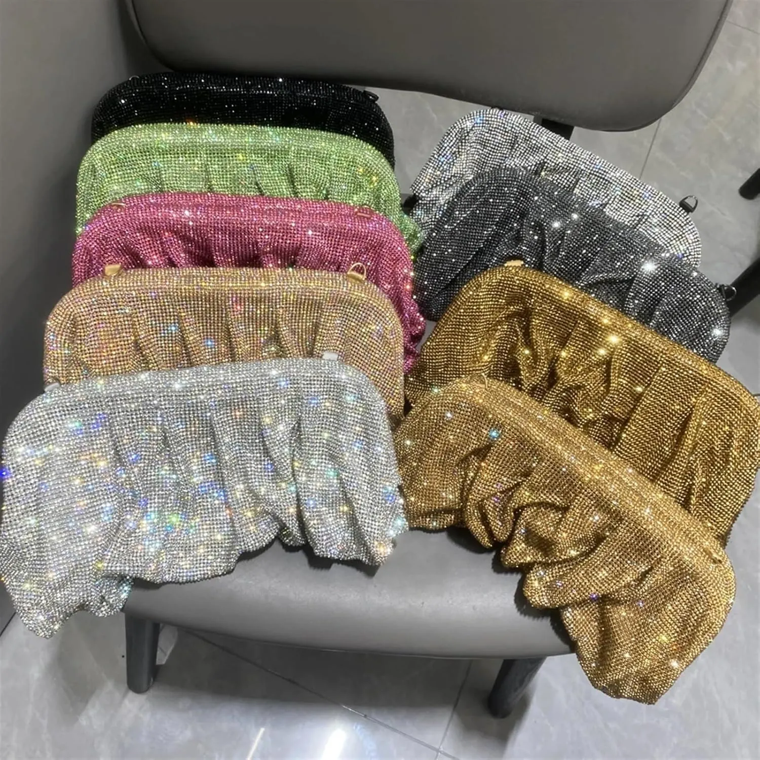 Rhinestone Bags Shiny Handle Rhinestones Handmade Evening Clutch Bags Folds Purses and Handbags Wedding Party(Pink)
