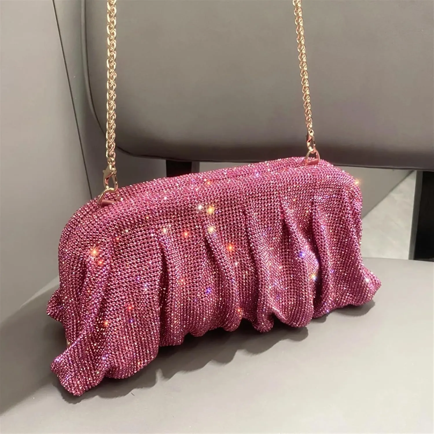 Rhinestone Bags Shiny Handle Rhinestones Handmade Evening Clutch Bags Folds Purses and Handbags Wedding Party(Pink)