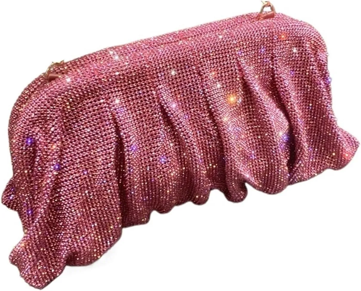Rhinestone Bags Shiny Handle Rhinestones Handmade Evening Clutch Bags Folds Purses and Handbags Wedding Party(Pink)