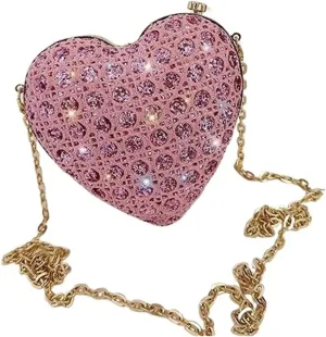 Rhinestone Bags Shiny Rhinestones Women Heart Shape Clutch Purse Lady Gold Evening Minaudiere Bags Bridal Wedding Handbags Formal Party Purses(Pink)