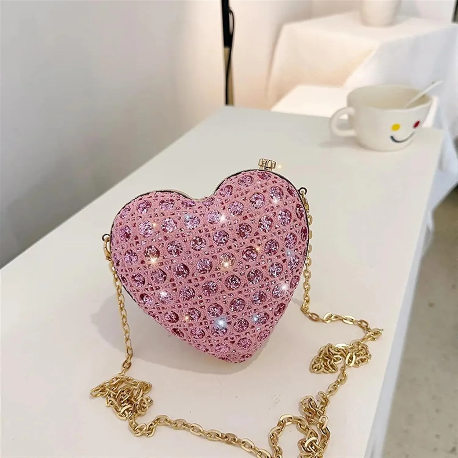 Rhinestone Bags Shiny Rhinestones Women Heart Shape Clutch Purse Lady Gold Evening Minaudiere Bags Bridal Wedding Handbags Formal Party Purses(Pink)