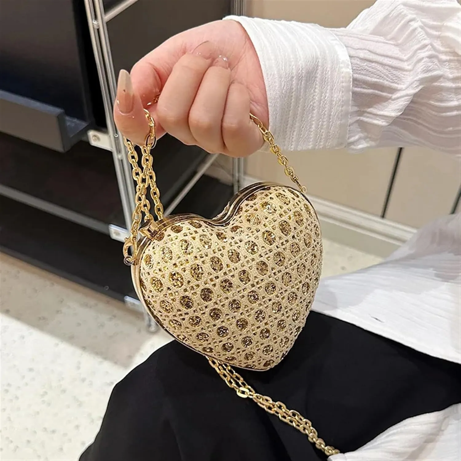 Rhinestone Bags Shiny Rhinestones Women Heart Shape Clutch Purse Lady Gold Evening Minaudiere Bags Bridal Wedding Handbags Formal Party Purses(Pink)