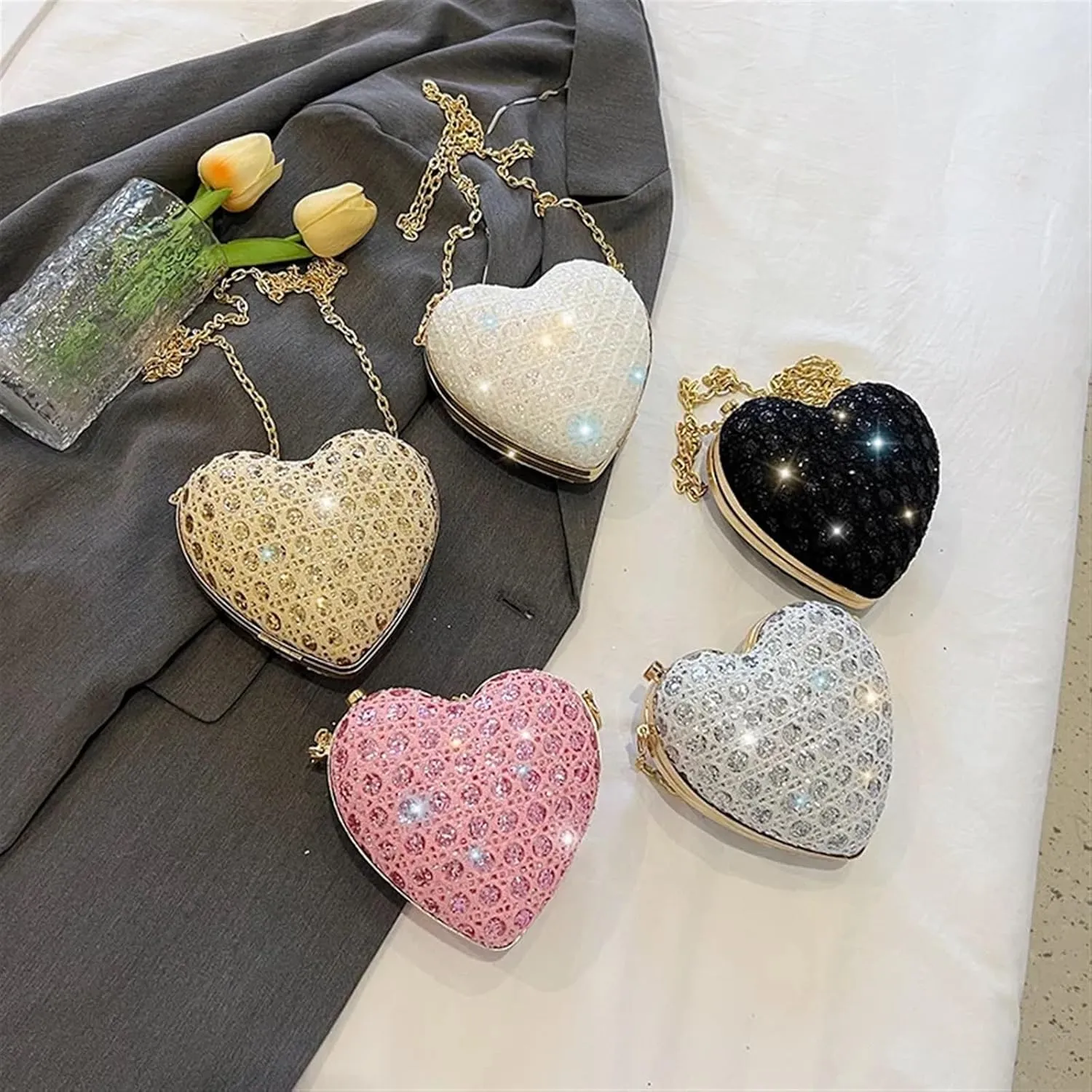 Rhinestone Bags Shiny Rhinestones Women Heart Shape Clutch Purse Lady Gold Evening Minaudiere Bags Bridal Wedding Handbags Formal Party Purses(Pink)