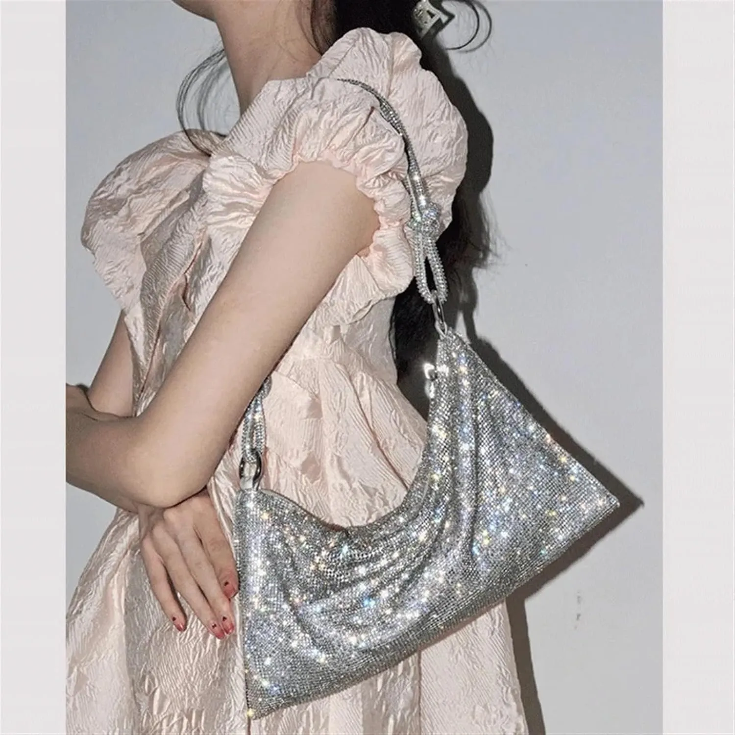 Rhinestone Bags Shoulder Bag Handle Shining Rhinestones Evening Clutch Bag Purse Crystal Purses and Handbag(Silver Big)