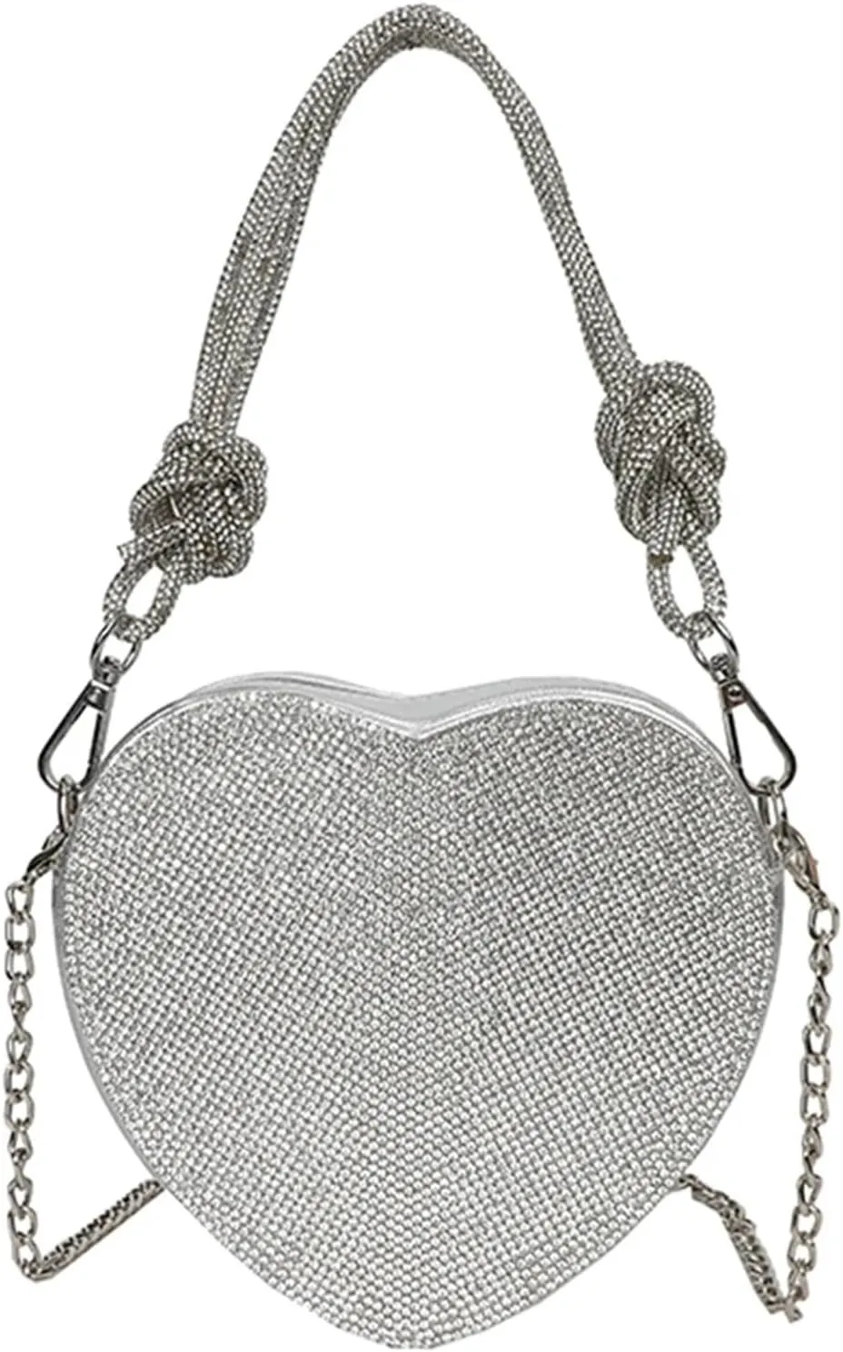 Rhinestone Bags Women Evening Clutch Bag with Knot Handle Rhinestones Heart Handbag PU Leather Zipper Closure for Dinner Party Wedding