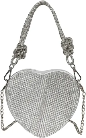 Rhinestone Bags Women Evening Clutch Bag with Knot Handle Rhinestones Heart Handbag PU Leather Zipper Closure for Dinner Party Wedding