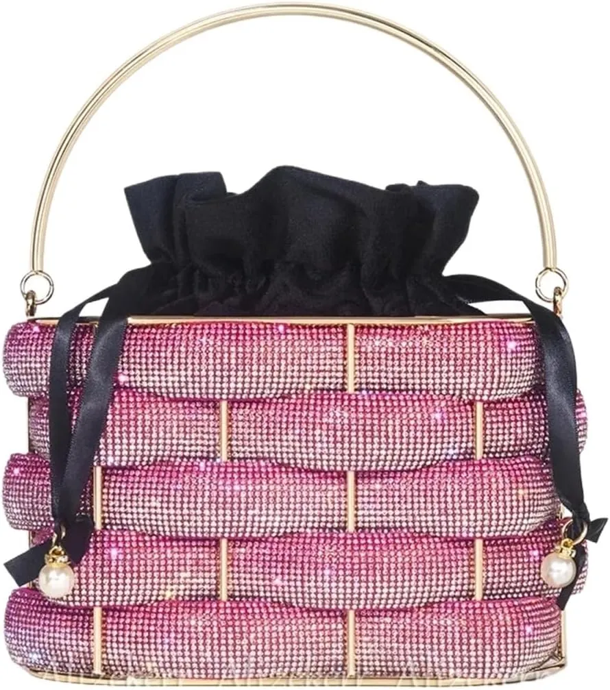 Rhinestone Bags Woven Rhinestone Clutch Bags Women Boutique Graduated Multicolor Crystal Hollow Out Metal Purses and Handbags Wedding(Rose Red)