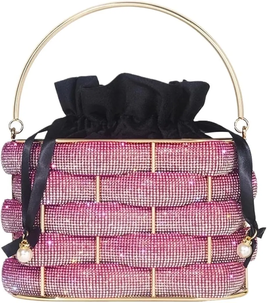 Rhinestone Bags Woven Rhinestone Clutch Bags Women Boutique Graduated Multicolor Crystal Hollow Out Metal Purses and Handbags Wedding(Rose Red)