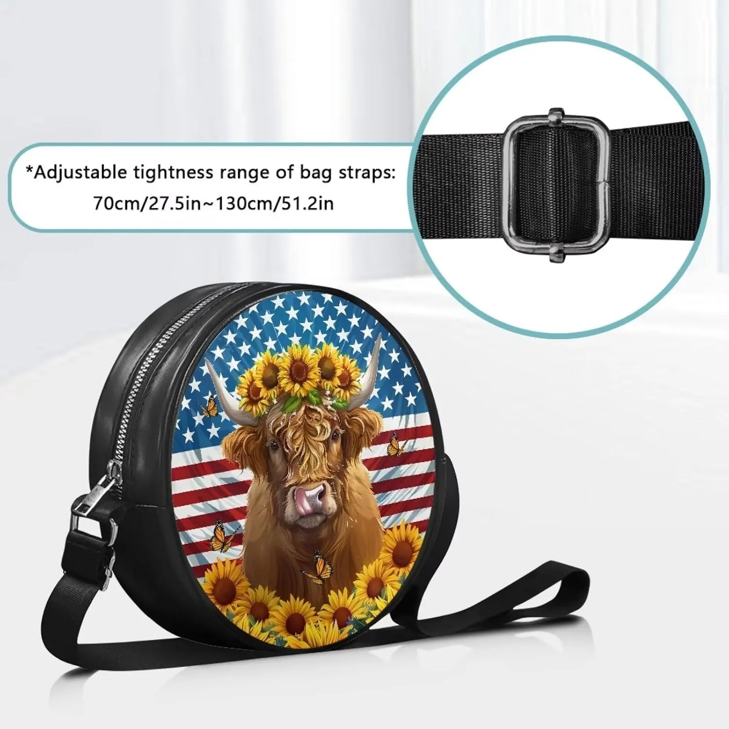 Round Crossbody Bags for Women, Leather Circle Purse Zipper Small Shoulder Bag with Adjustable Straps