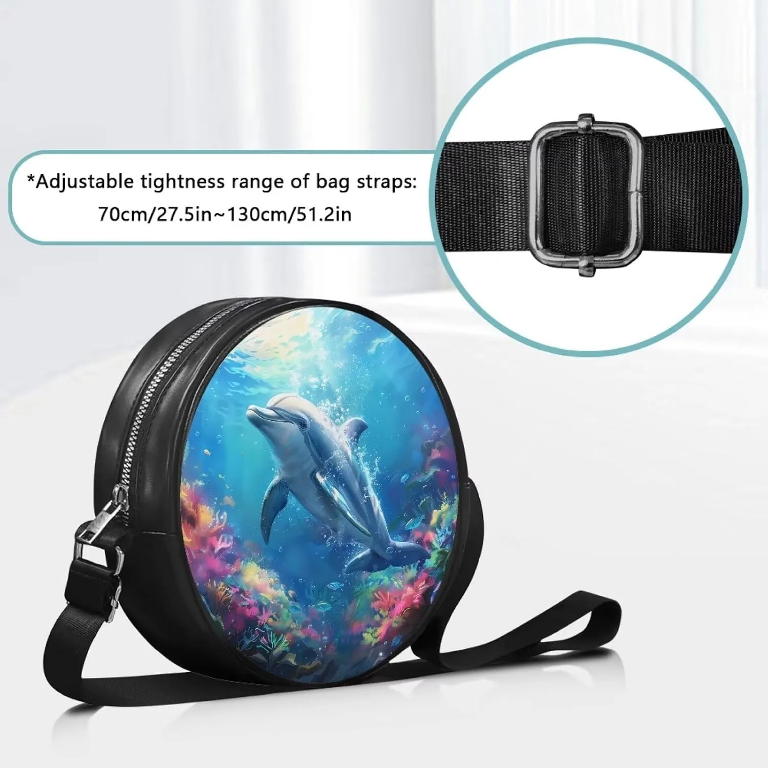 Round Crossbody Bags for Women, Leather Circle Purse Zipper Small Shoulder Bag with Adjustable Straps