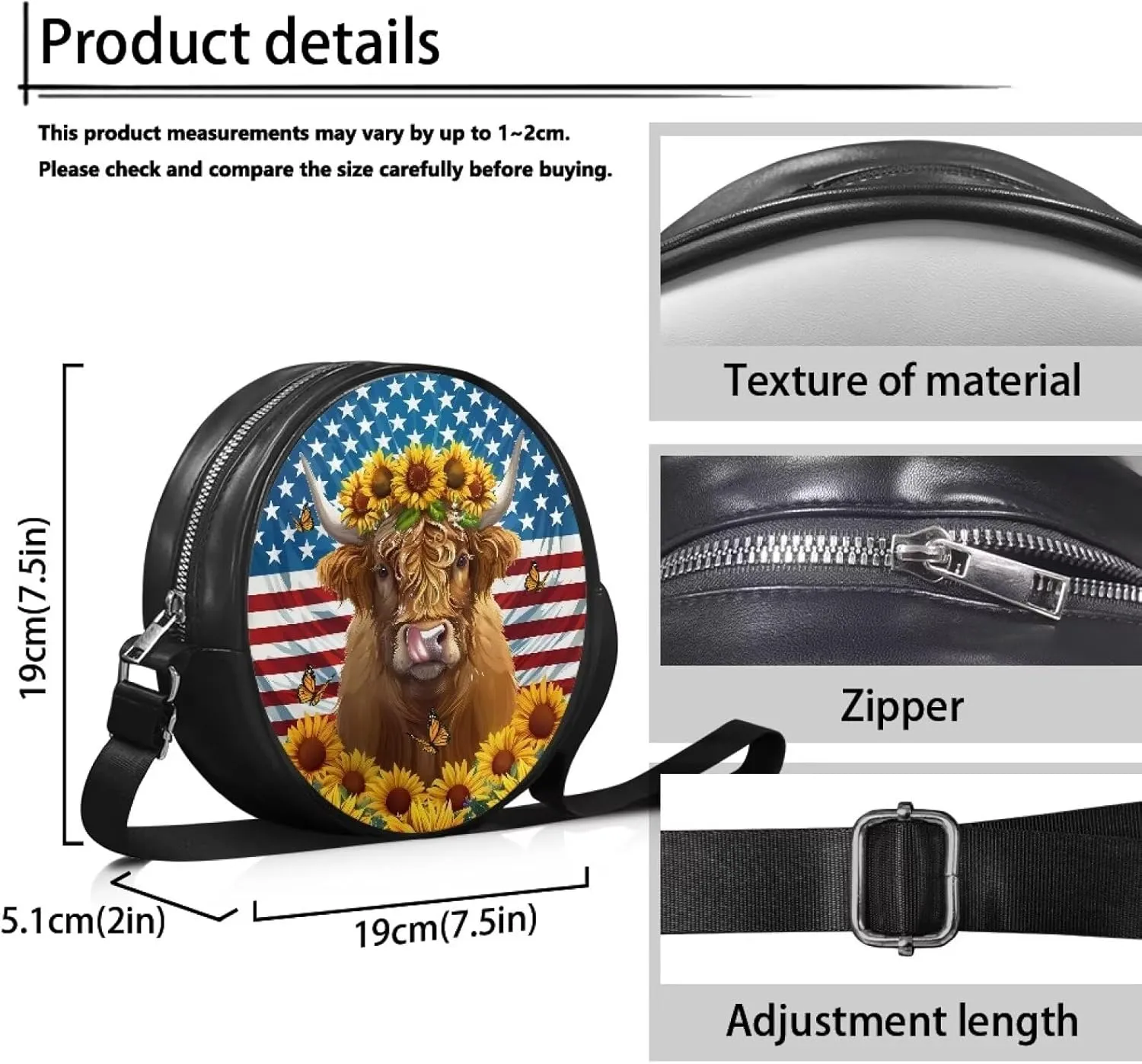 Round Crossbody Bags for Women, Leather Circle Purse Zipper Small Shoulder Bag with Adjustable Straps