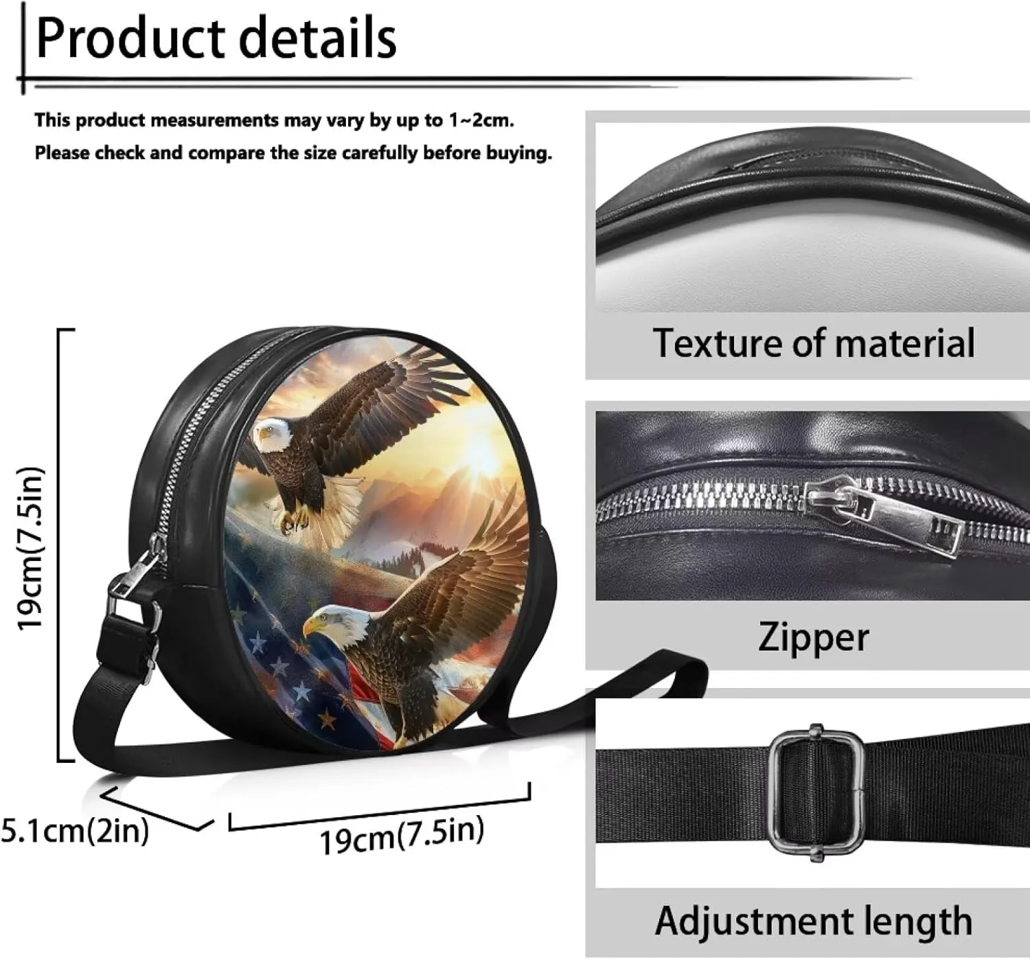 Round Crossbody Bags for Women, Leather Circle Purse Zipper Small Shoulder Bag with Adjustable Straps